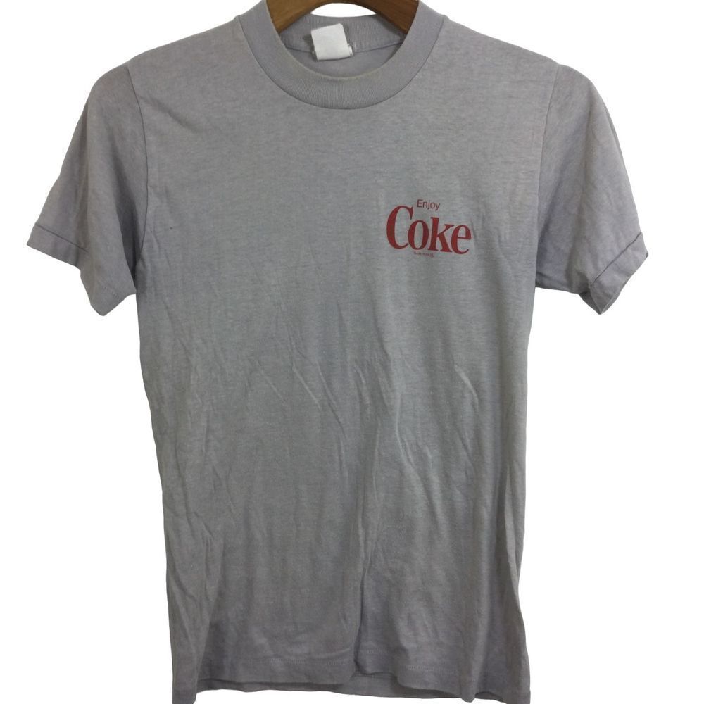 Vintage Signal Enjoy Coke Print Crew Neck Short Sleeve Tee Shirt Top Gray Siz M